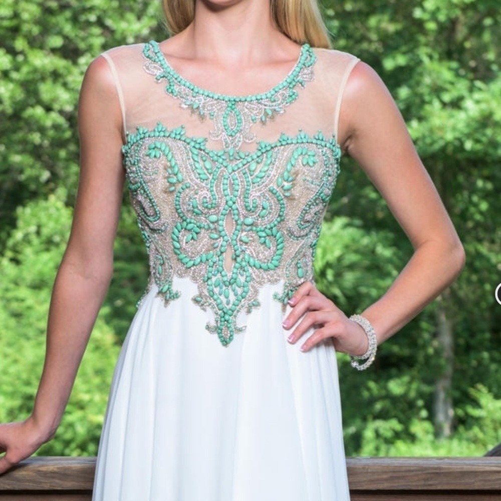 Vienna Prom Beaded Embellished Sheer Neckline Ivory Gown Formal Evening Dress
